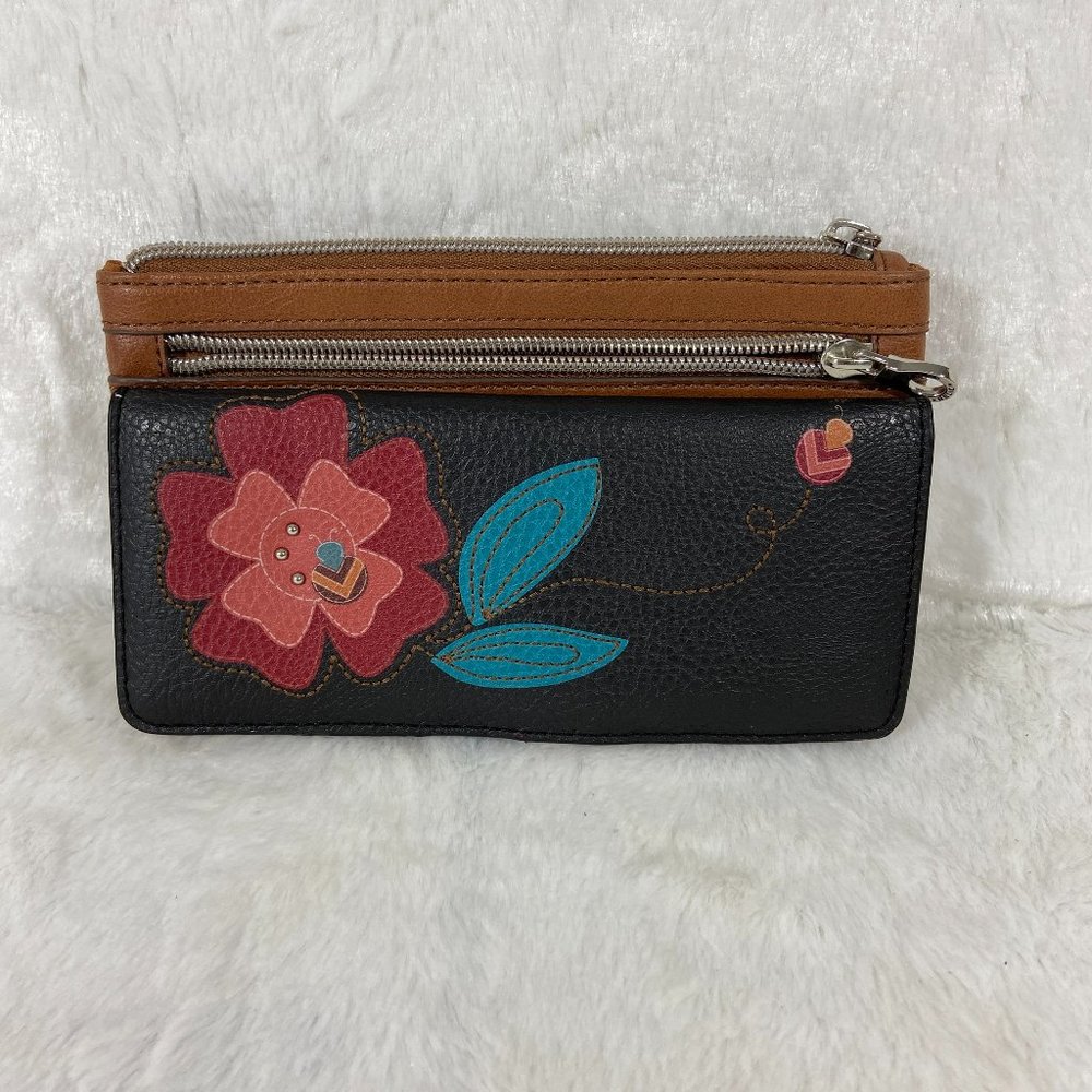 Relic Black Floral Applique Wallet with Brown Trim